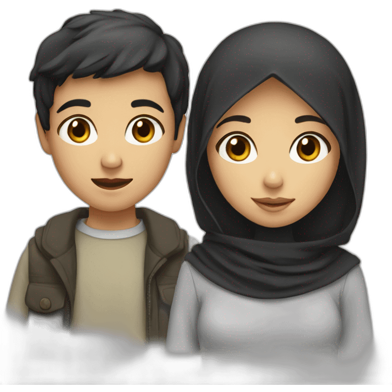 Boy with dark hair and girl with dark hair and girl in hijab emoji