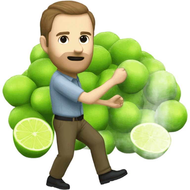 white man with brown hair but not facial hair bending down to pick up many fallen limes on the floor . Make it so there are many limes scattered around the flooor. emoji