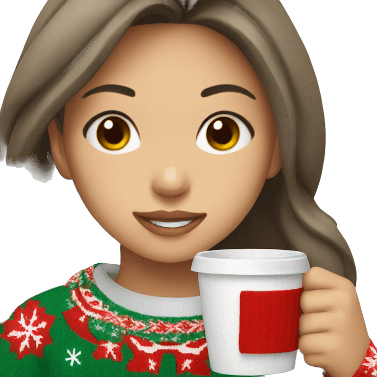 asian girl drinking coffee wearing Christmas sweater emoji