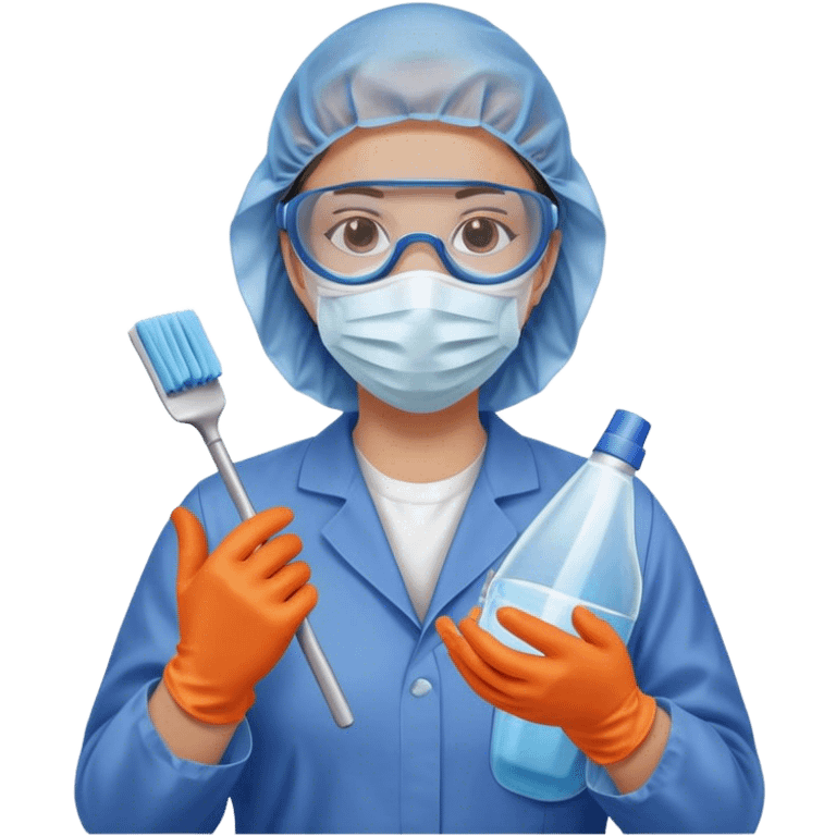 A meticulous cleanroom worker dressed in full protective gear, including a blue sterile suit, a face mask,  and orange gloves.  cleaning glasses with a wipe in one Hand emoji