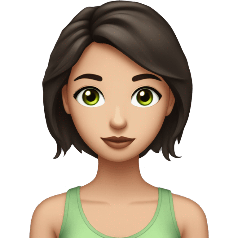 A teen girl with dark coffee brown hair, green doe eyes and big eyelashes. She is wearing a light pink tank top with a v neck like. She resembles Aria from pretty little liars  emoji