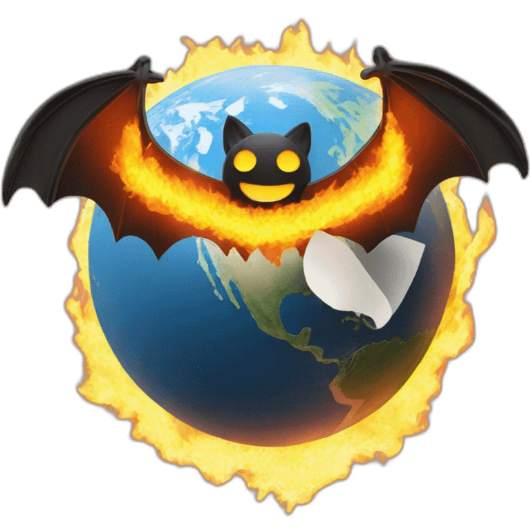 flat earth on fire with bat wings and paper clip emoji