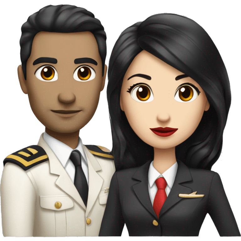 Flight attendant with long black hair, red lips and white skin with a pilot man with beige skin and black hair emoji