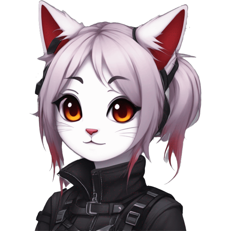 Gorgeous gothic dark techwear anime style anthro cat furry sona with blushing face aesthetic and pretty edgy black red punk messy ponytail hair with collar and harness trending style emoji