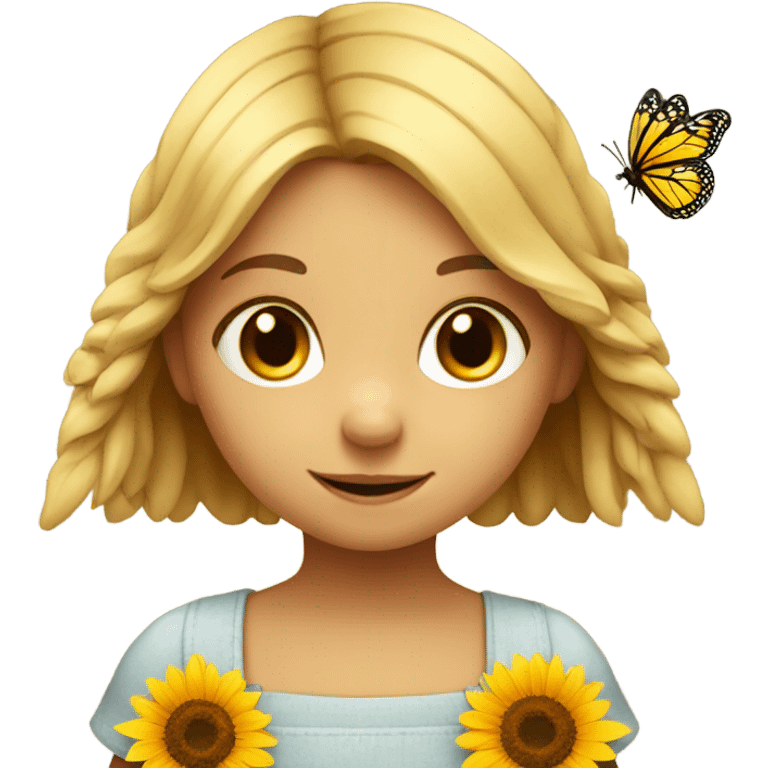 European little girl with butterfly and sunflower emoji