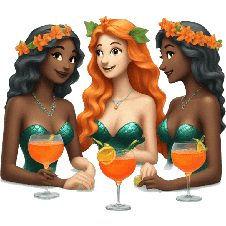 Three beautiful mermaids drinking aperol emoji