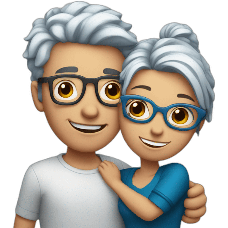 a boy with silver hair and a curvy girl with red hair and blue glasses hugging emoji