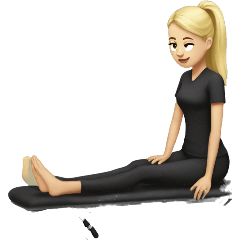 Woman therapist blonde ponytail black shirt with massage table emoji