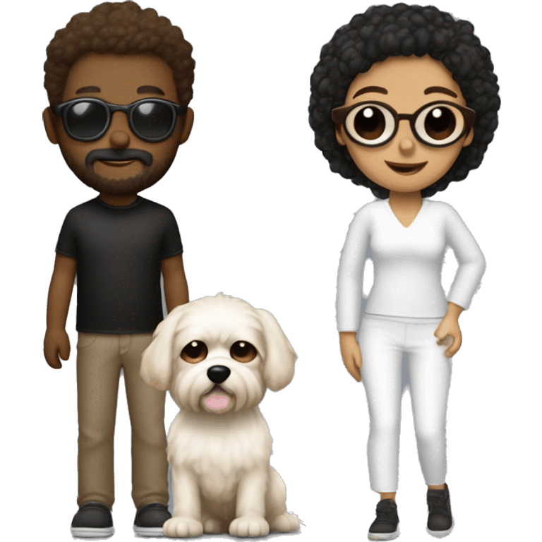 3 personas, 1 hombre blanco rapado con barba marron no muy grande, chica pelo oscuro con gafas piel blanca y un perro raza yorkshie muy peludo negro cabeza y patas marron emoji