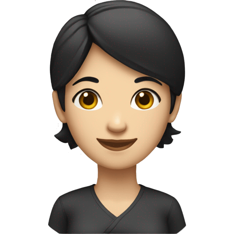 A white woman with straight black hair slightly to the side, arms crossed, smiling, and winking. emoji