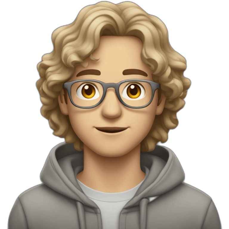 young white guy with middle long wavy hair and a fade in light brown color and rounded silver glasses with a grey hoodie on emoji