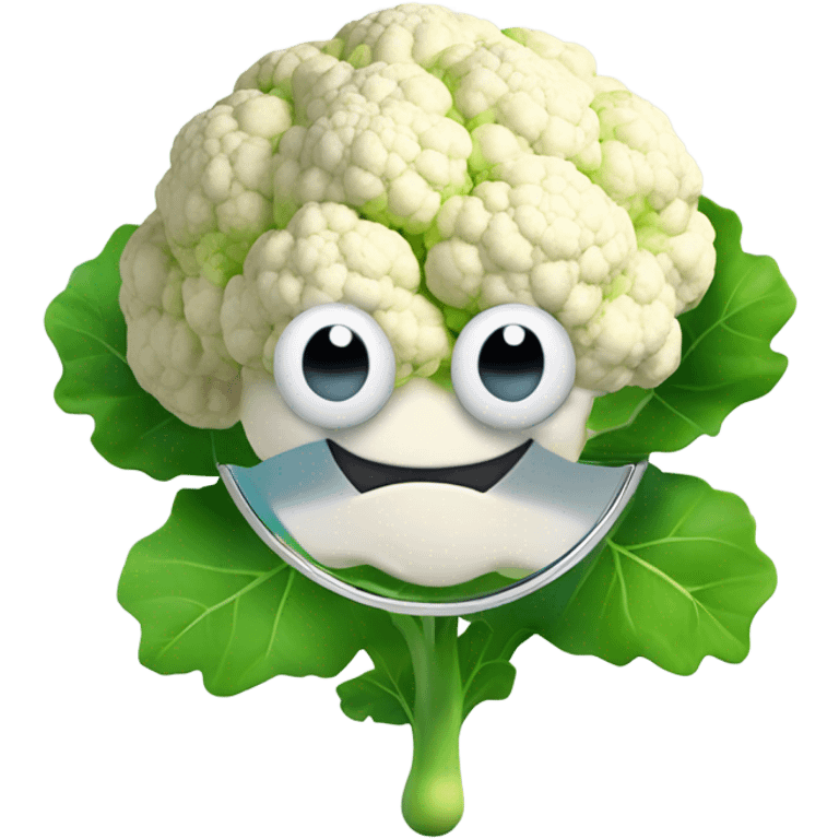 3D cauliflower emoji character with big eyes 👀, surrounded by a few green leaves 🍃, holding a small mirror 🪞. The character is floating in the air with no legs visible, on a pure white background. emoji