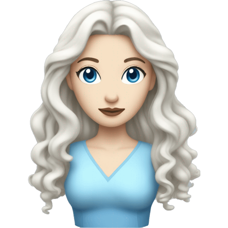 pale woman with long black wavy hair and light blue eyes with ice powers and a blue dress emoji