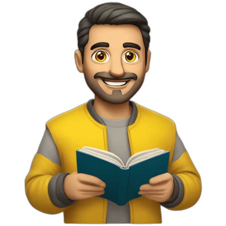 Armenian men with the yellow clothes reading book and looking at camera and smiling  emoji