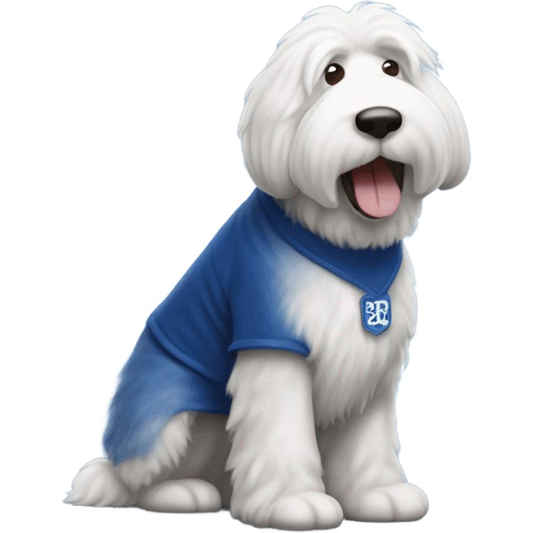 Old English Sheepdog full height wearing a dodgers shirt emoji