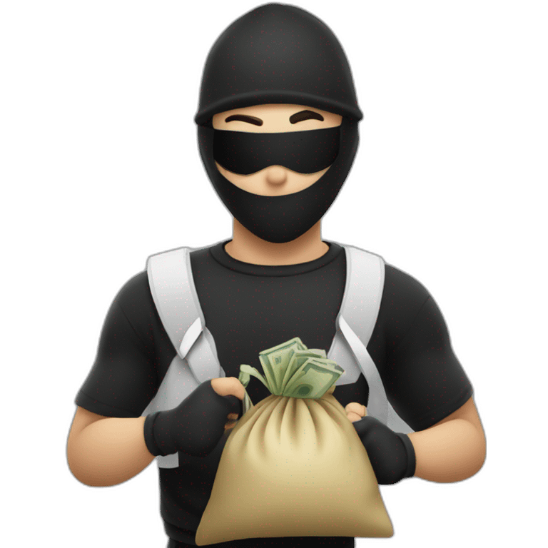 a thief in a black and white T-shirt and a black mask running with a bag of money emoji