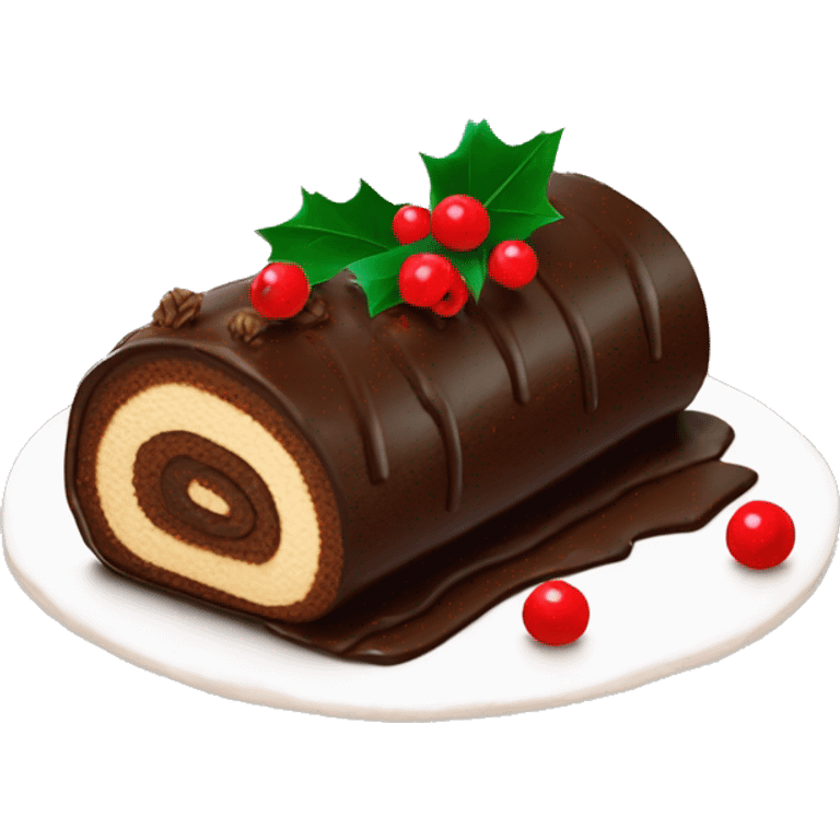 Classic yule log cake with chocolate frosting, decorated with red berries and holly leaves emoji