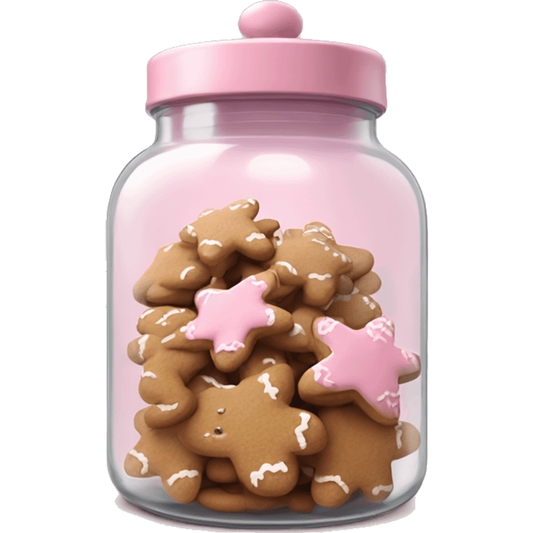 Realistic glass cookie jar with light pink lid full of gingerbread cookies isolated.  emoji