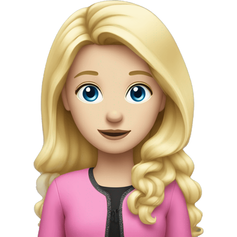 blonde girl with blue eyes wearing pink and her black horse emoji