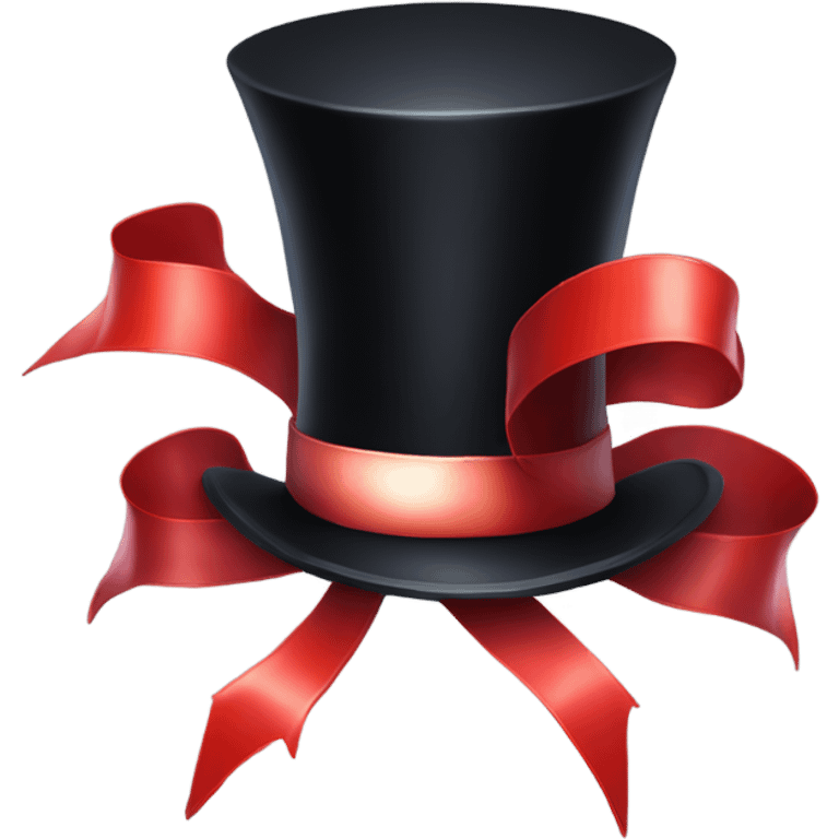 A black top hat displaying a red ribbon around the base. The ribbon forms a visible bow at the front, with the ends falling slightly over  emoji