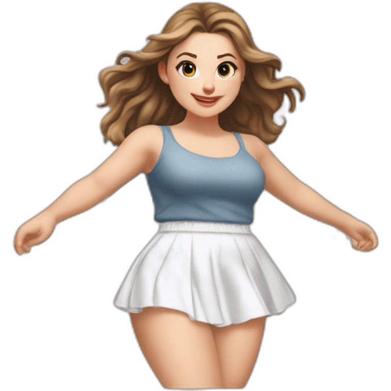 Hyperrealistic Full body Caucasian curvy beauty jumping short white skirt back and front views strong wind knickers long white socks emoji