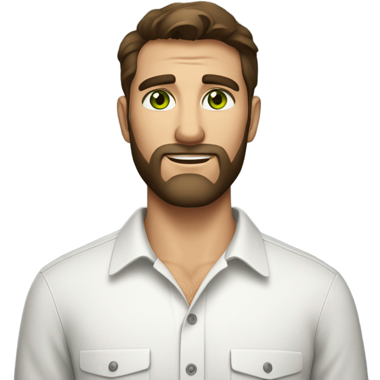 handsome optimist brunette man and beard green eyes wearing white button down shirt  emoji