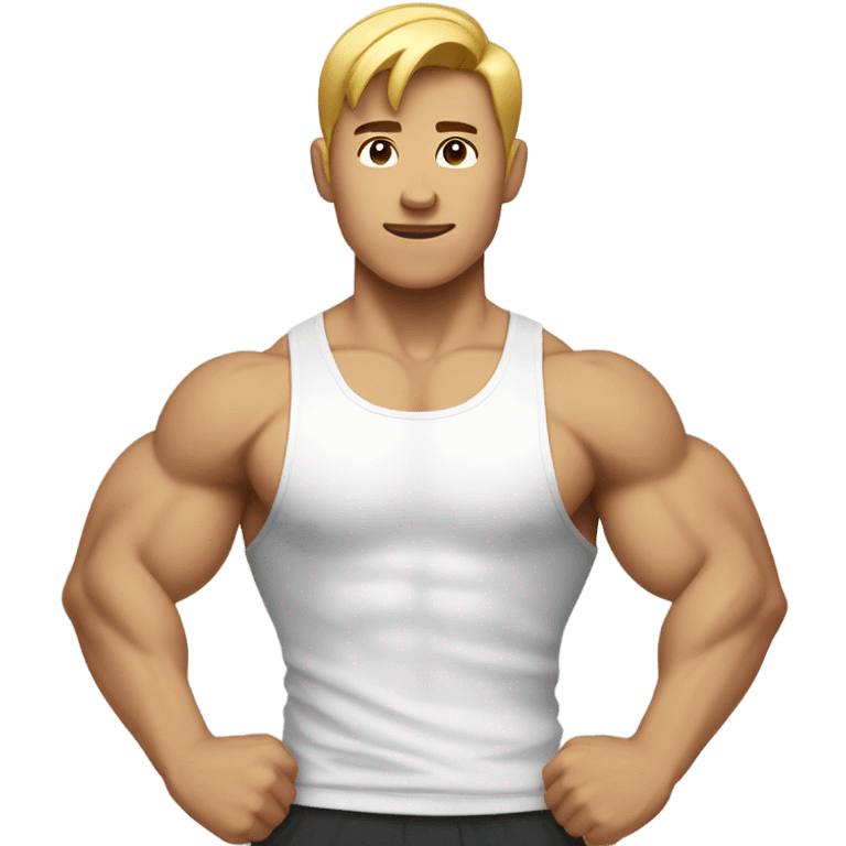 asian personal trainer short golden hair white vest man flexing bicep emoji