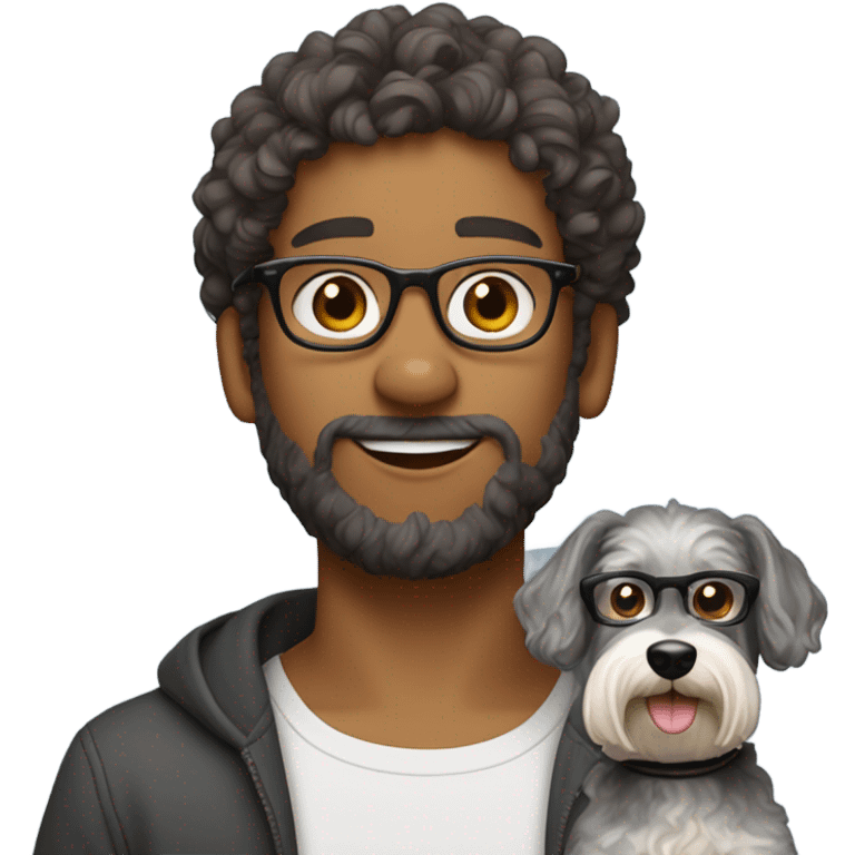 friend with glasses and curly hair, medium tan skin with schanauzer  emoji