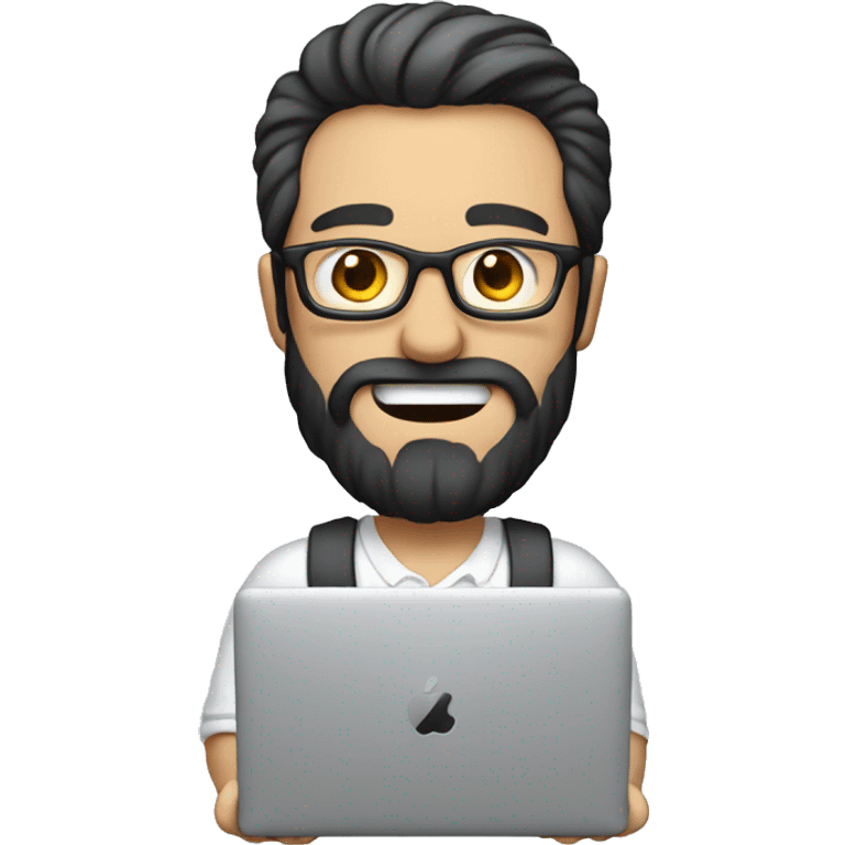 Emoji man with beard holding macbook in hands wearing glasses and shirt, profession - graphic designer. Features: white skin, full body type, dark hair, earring in left ear emoji