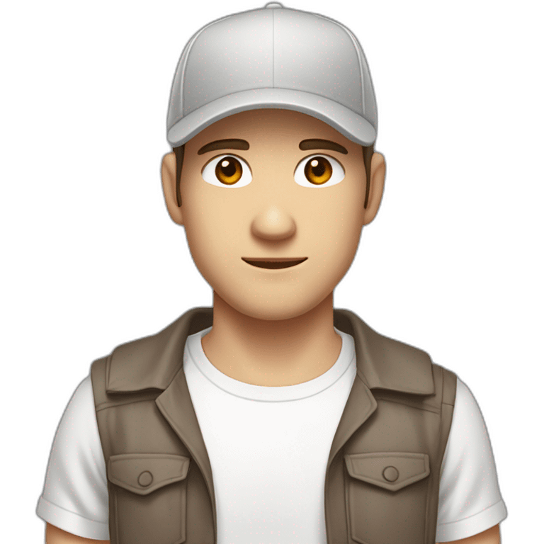 Pale skinned fit Man with dark brown hair in a light gray cap, dark brown jeans, brown polo and white T-shirt keeping a pasted with tape white box into his hands emoji