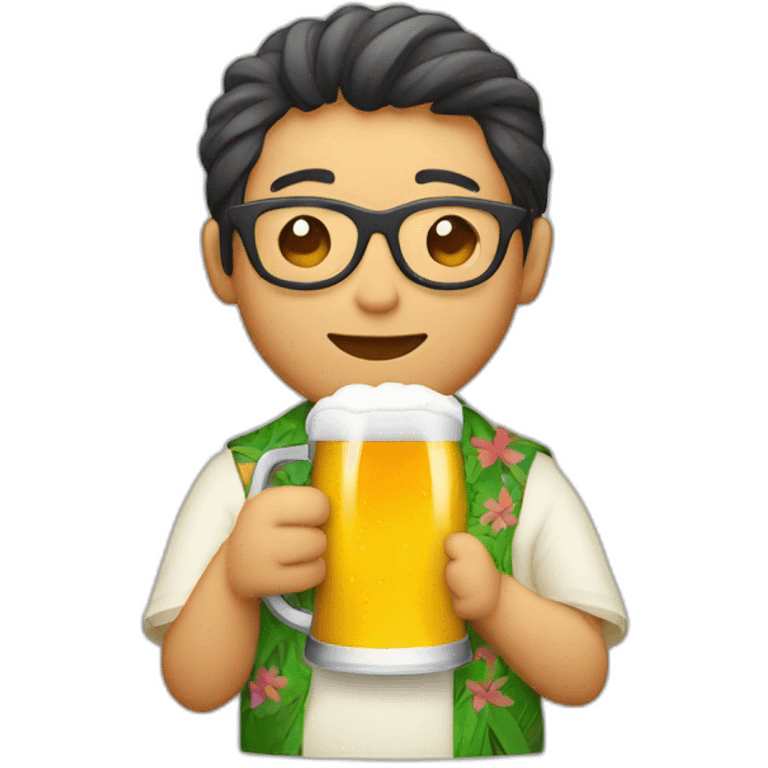 Japanese wearing roundglasses alohashirt is holding beer emoji