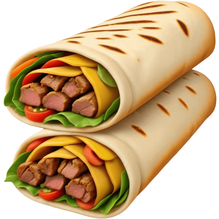 Cinematic Realistic Shawarma Dish Emoji, showcasing spiced, succulent meat wrapped in flatbread with fresh vegetables rendered with lifelike detail and dynamic, appetizing lighting. emoji