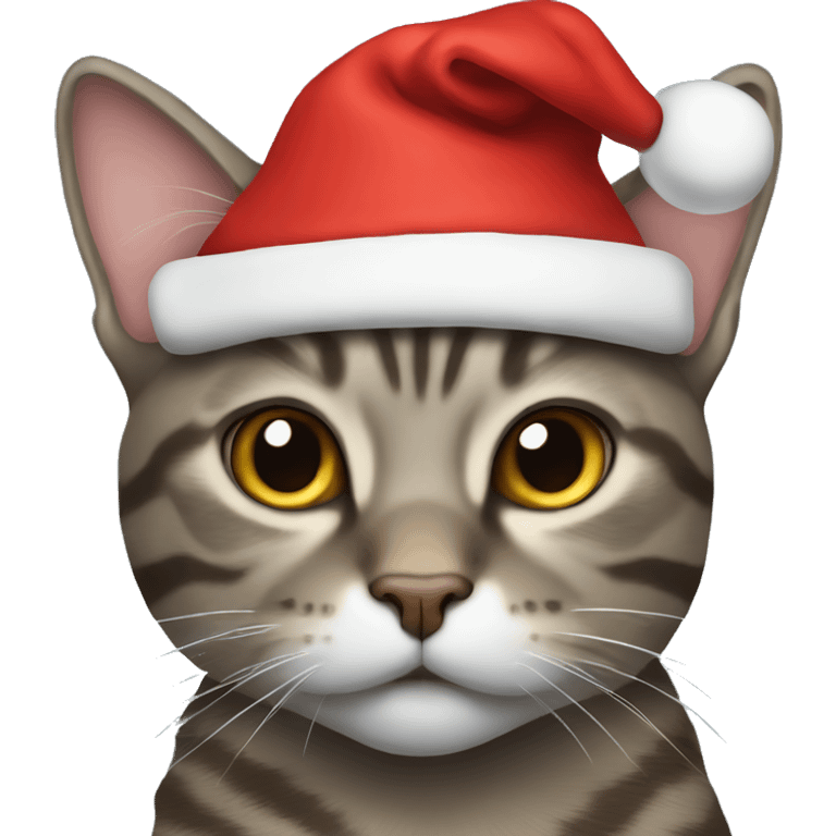 Grey-brown tabby cat wearing santa hat emoji