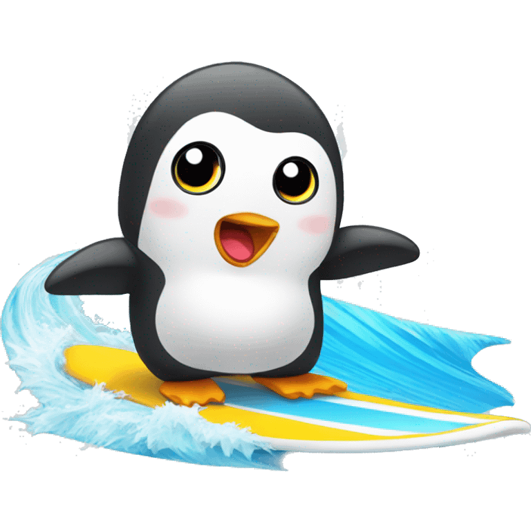 Cute baby pingouin surfing emoji