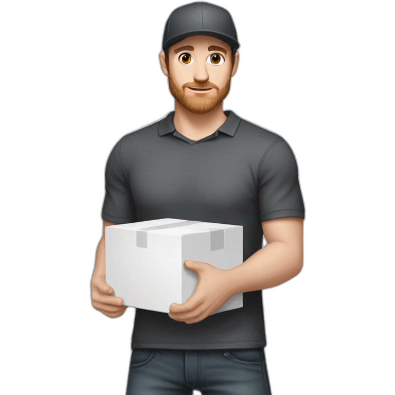 Pale skinned fit Man with dark brown hair in a black cap, gray jeans and dark gray polo T-shirt keeping a pasted with tape white box into his hands emoji