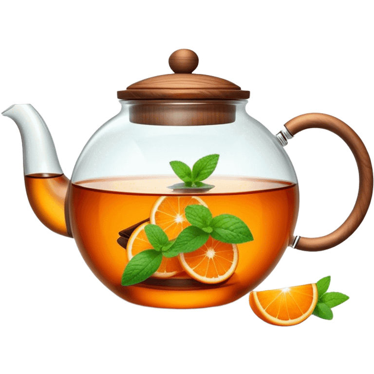 A cinematic realistic emoji depicting a transparent teapot with a realistic wooden lid filled with tea and pieces of orange and two mint leaves floating in it, rich in texture, without unnecessary decoration emoji