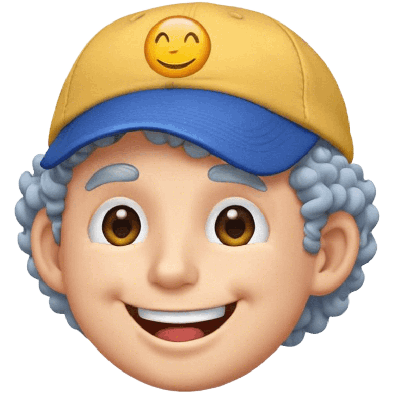 a yellow faced emoji, simple style, big smile, winking, blue ball cap on backwards, cartoon, curly grey hair emoji