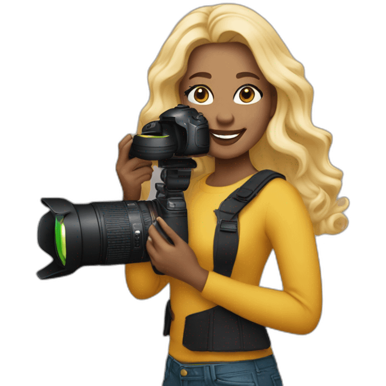 women photographer wearing black light skin with honey colored blonde hair holding a camera canon emoji