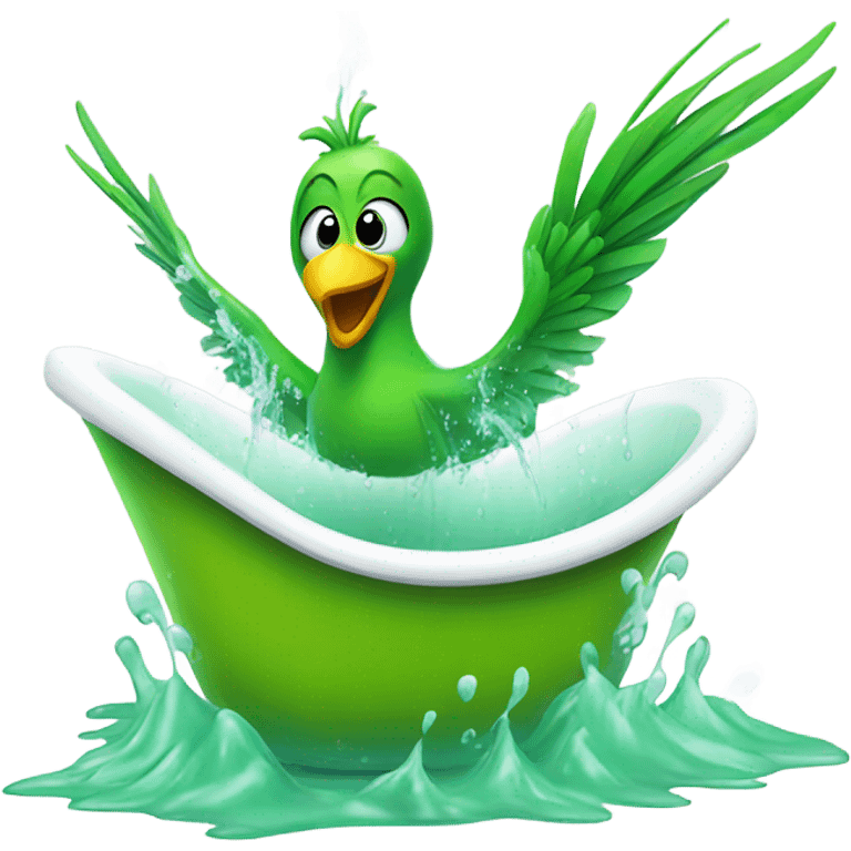 Green bird taking a bath in a white bathtub emoji