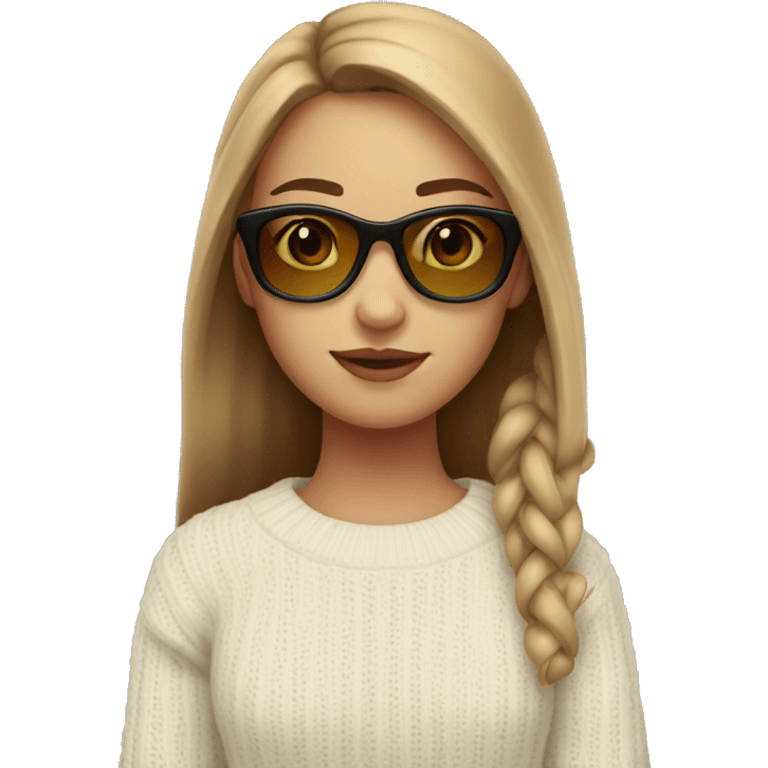 Girl with light brown hair, sunglasses, white. 21 years old. Wearing sweater  emoji