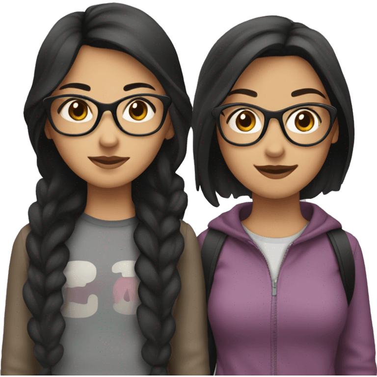 Two teenage girls one with black hair and the other one with brown hair and black glasses emoji