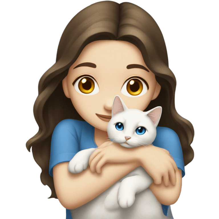 Brunette girl blue eyes hugging a fully white cat golden eyes emoji