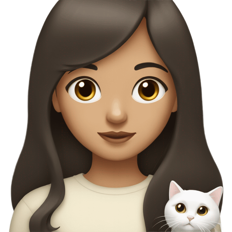 Dark brown haired girl with olive skin with straight bangs and long hair holding a white cat  emoji