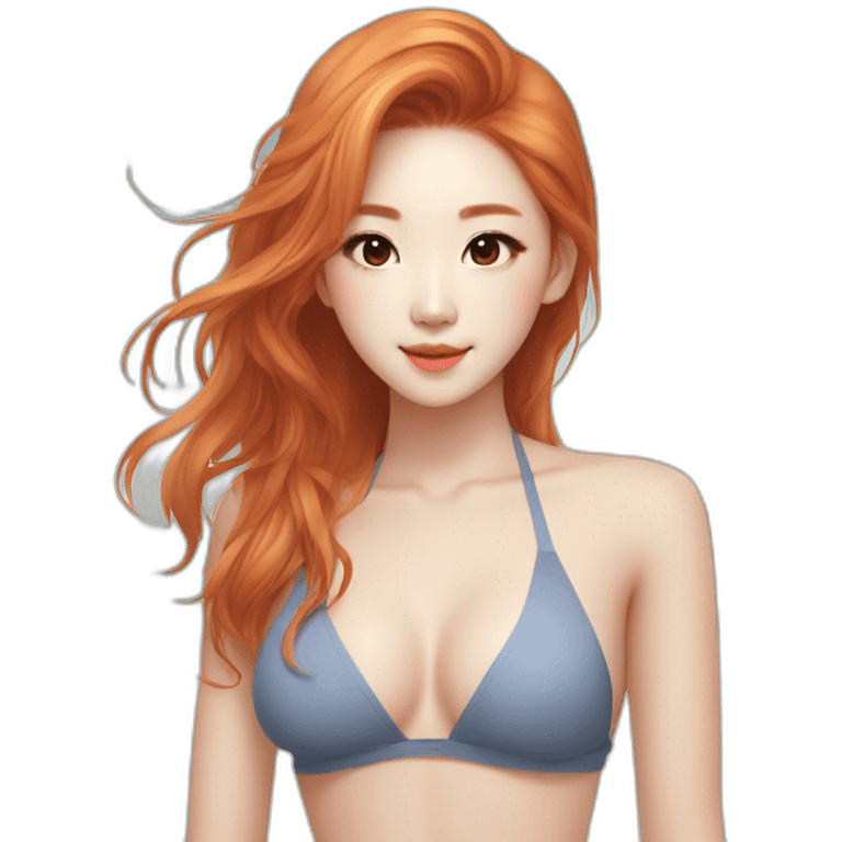 asian chinese girl, beach suit, kpop idol, full body, trendy hairstyle, ginger hair, pretty girl  emoji