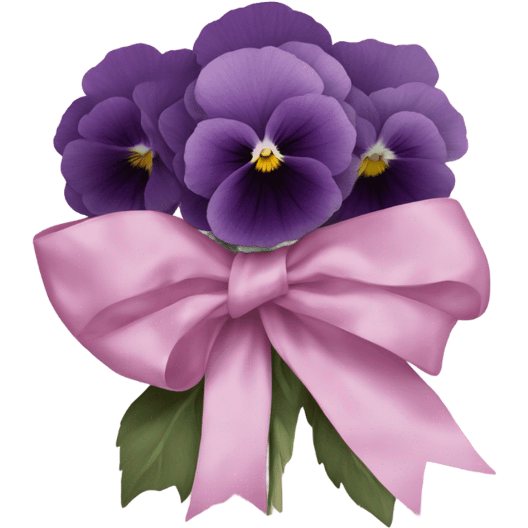 A bundle of pastel pansies and dark violet peonies wrapped in translucent deep pink fabric with a delicate bow. emoji