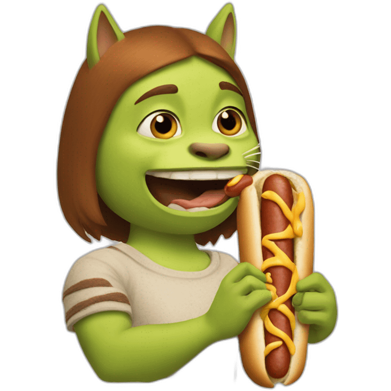 shrek eating a hotdog with a cat on its head that plays the flute emoji