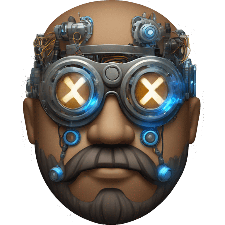 Bearded Fat bald cyborg head with brown skin, blue steampunk goggles and circuits emoji