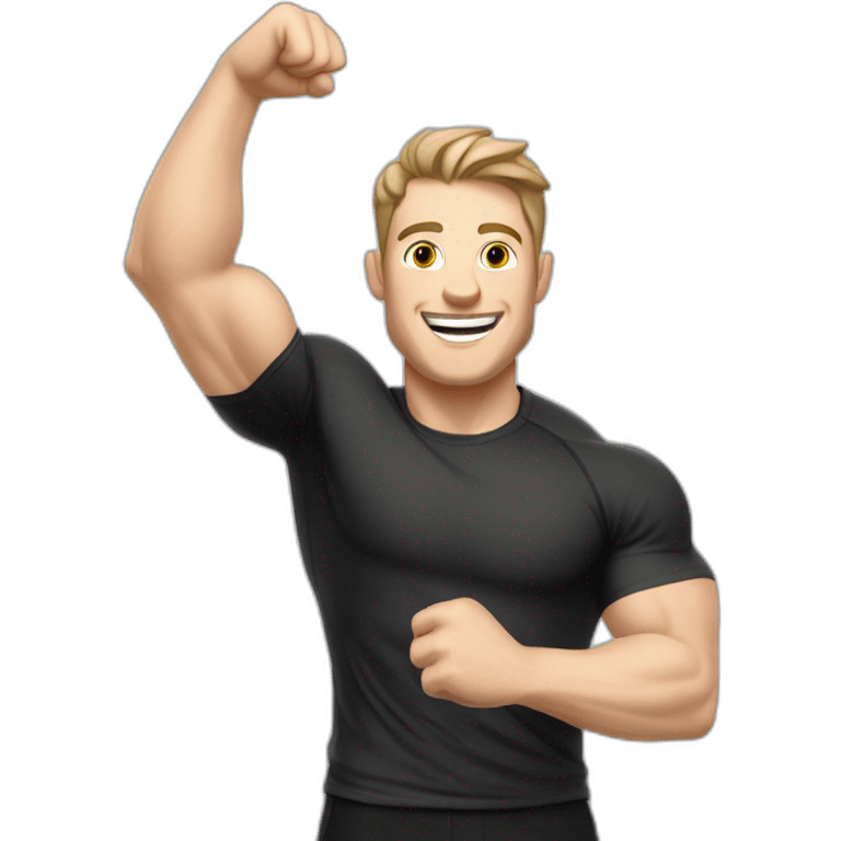 Joyful Celebrating victory Pale skinned Fit Man With the biceps and dark brown hair in black shirt, gray sports shorts and white Sneakers emoji