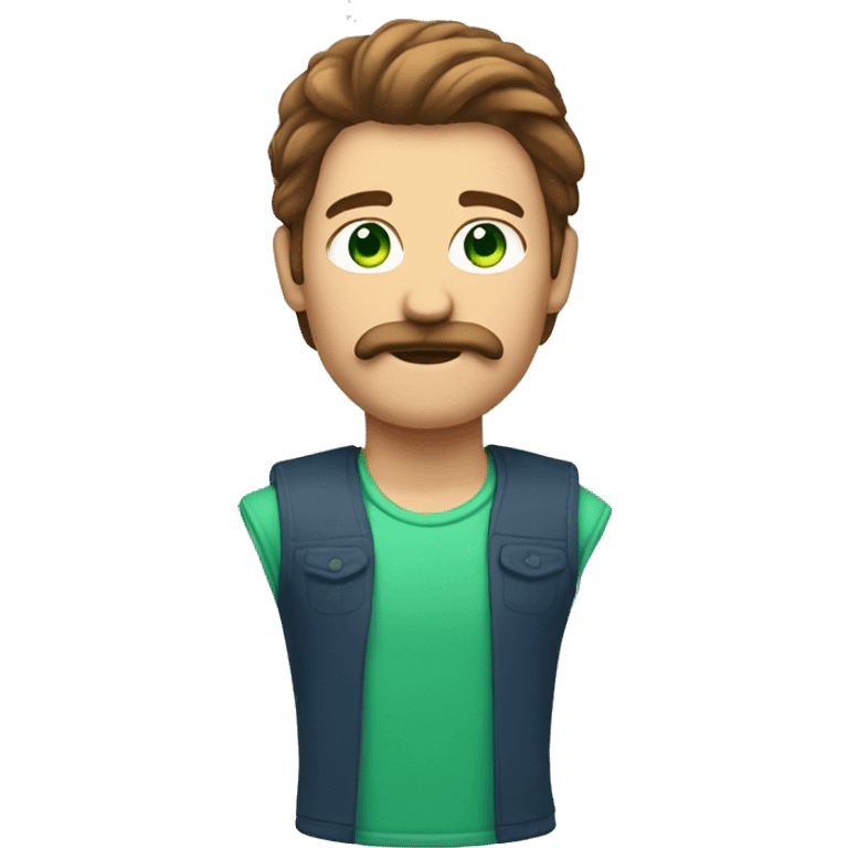 Make a guy who has a brown mullet and a moustache with green bluish eyes  emoji