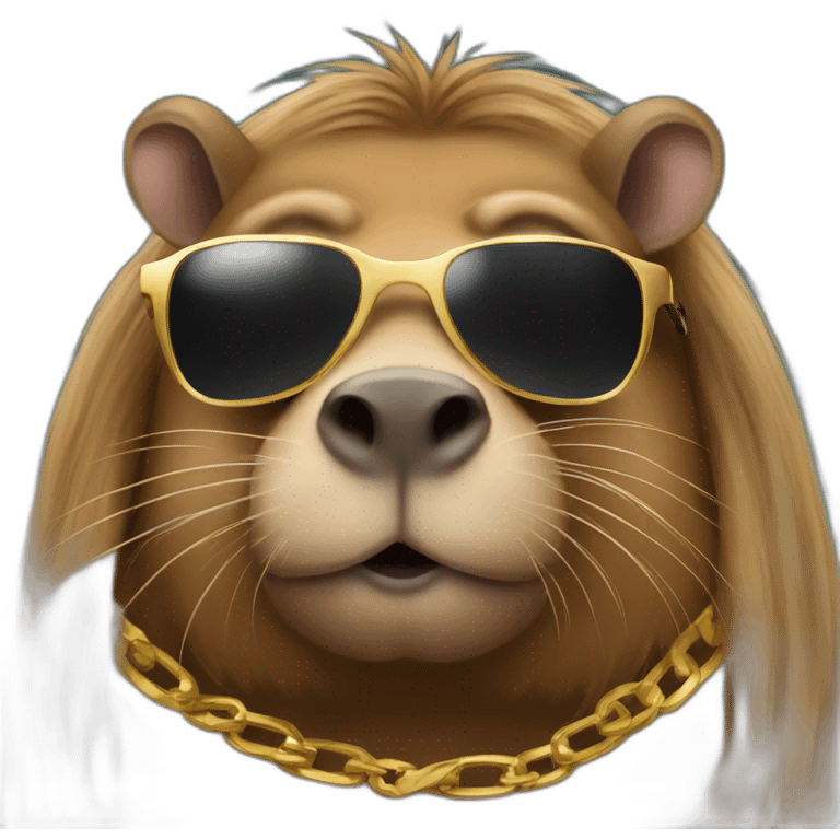 A capibara with sunglasses and a gold chain and long hair driving a car emoji